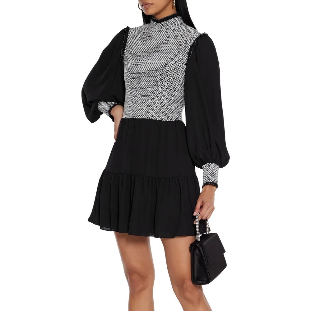 Alice + Olivia Elvira Smock Bodice Tiered Mini Dress Black White Size 10 NWT